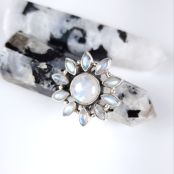 925 Sterling Silver Flower Starburst Rainbow Moonstone Ring New Size 7.75 - Picture 6 of 16